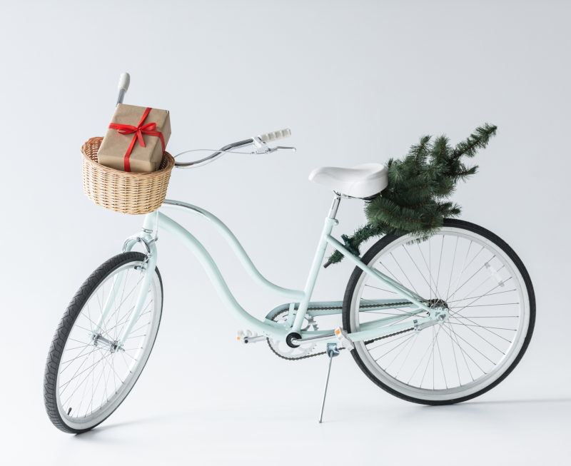 bicycle with christmas presents and tree in carrier