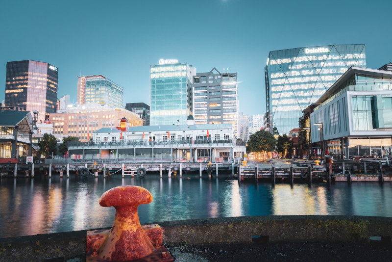 Wellington skyline at night from harbour